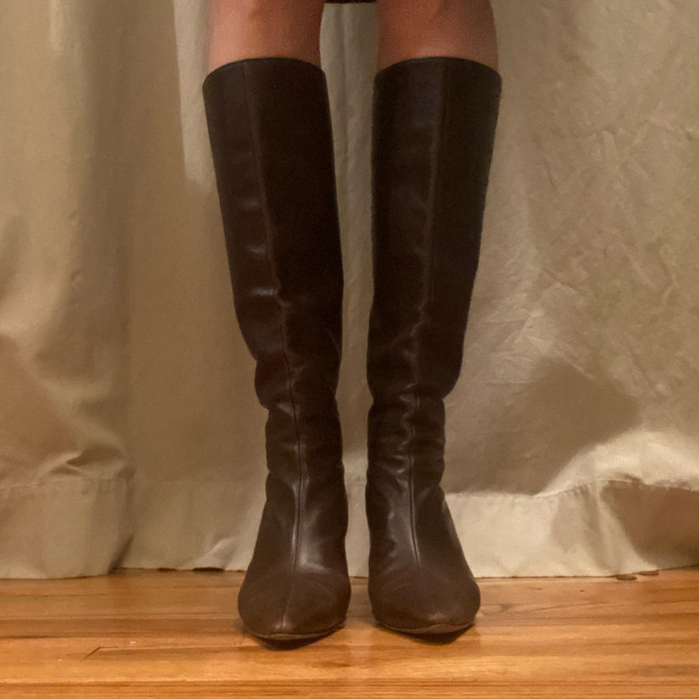 Dark brown butter leather Manolo Blahnik boots. 3” heel